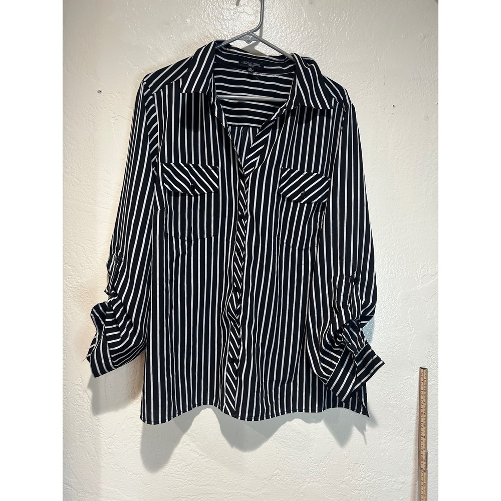 Notations Woman Black White Striped Roll Tab Sleeve Button Down Shirt Plus 3X